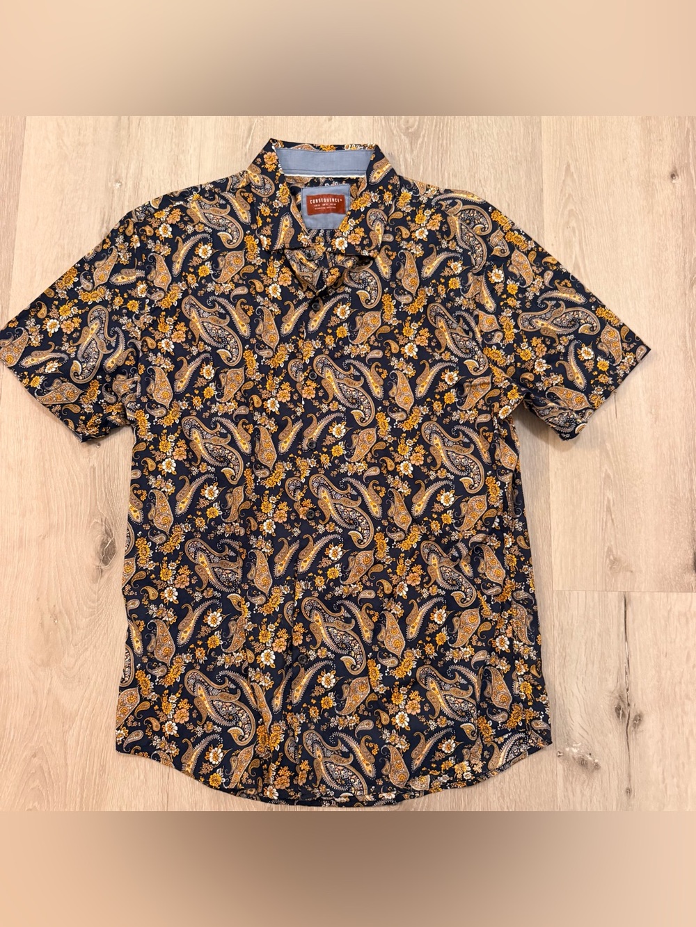 Consequence Men's XL Shirt Short Sleeve Navy Gold Floral Paisley Cotton Boho
